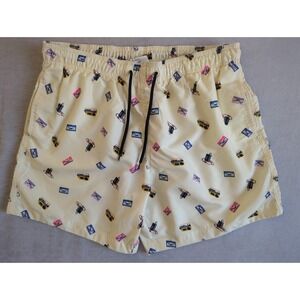 H&M Mens Swim Trunks L Yellow Cassette Tape Boombox Print Drawstring Mesh Lined